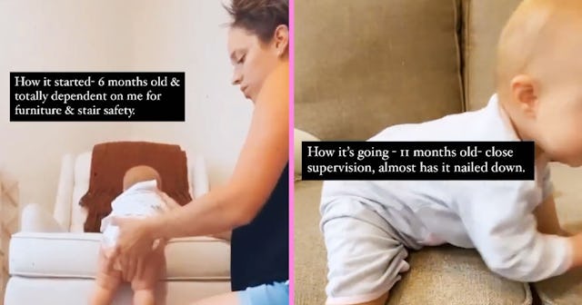 A mom teaching her baby to safely fall of the furniture.