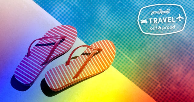 Pink and white striped flip flops in a rainbow colored picture with a caption in the corner "Travel ...