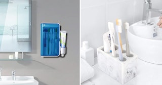 Toothbrushes placed in toothbrush holders next to the sink in the bathroom that contain the bathroom...