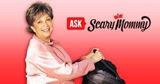 Scary mommy logo next to a lady carrying luggage 