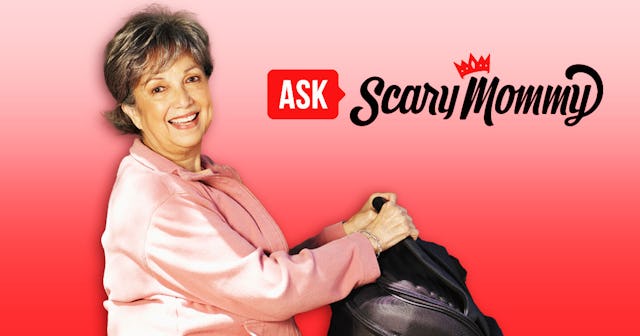 Scary mommy logo next to a lady carrying luggage 