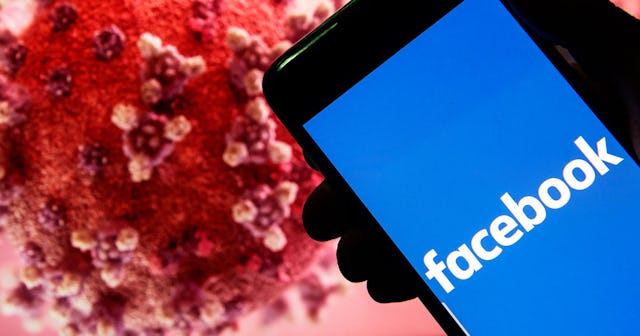 A smartphone screen displaying an open Facebook app in front of a visual representation of the COVID...