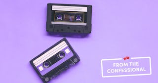 Two cassette tapes on a purple background