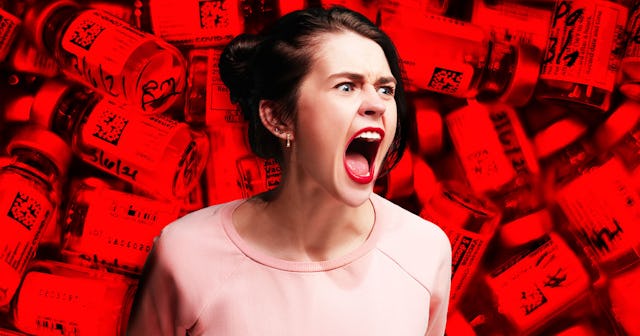 A woman in a pink shirt yelling with a collage background with medication bottles with a red color f...