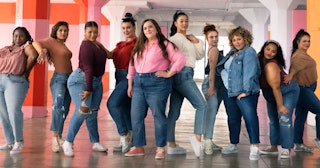 Women of all sizes posing in Old Navy's clothes.