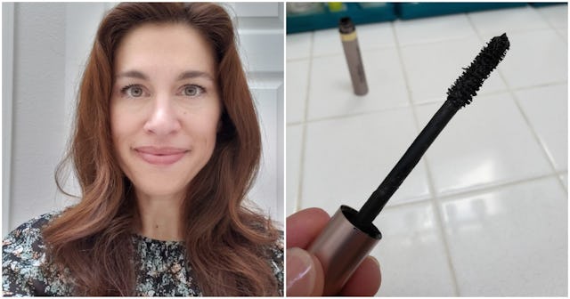 A two-part collage of Nichole Talbot woman's selfie and Loreal's Lash Paradise mascara wand 
