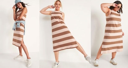 Three women of different body sizes posing in Old Navy's dress in beige and brown.