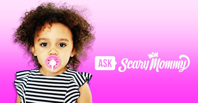 A little girl with a pacifier on the left, 'ask scary mommy' written on the right.