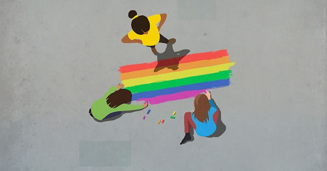 A digital illustration of three children drawing a rainbow on the street with crayons representing L...