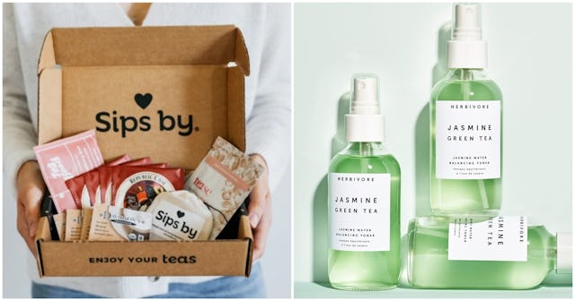 Sips by Box Tea subscription gift card on the left, three bottles of herbivore jasmine green tea bal...