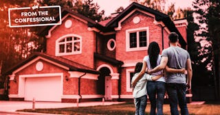 A mother, father, and daughter standing hugged in front of a big house that is linked to ghost stori...