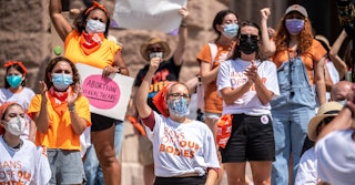 AUSTIN, TX - SEPT 1: Pro-choice protesters perform outside the Texas State Capitol on Wednesday, Sep...
