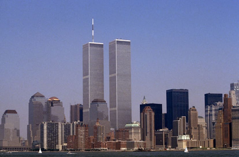 A panorama of New York City with the World Trade Center towers in the center