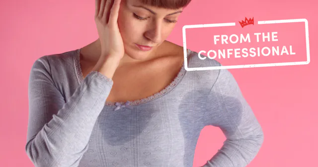 A lady having perimenopause and sweating through her grey shirt next to a "from the confessional" si...