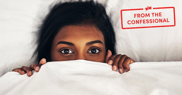 A girl covering her face from chin to nose with a white blanket