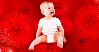 A baby sitting and crying with a red background with COVID-19 virus illustrated elements representin...