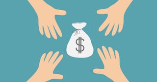 Cartoonish illustration of four hands reaching toward a white bag of money on a blue background