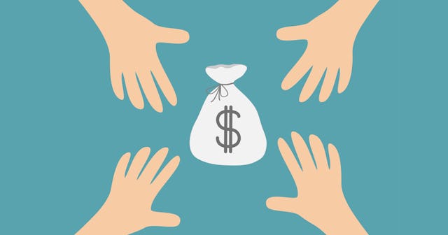 Cartoonish illustration of four hands reaching toward a white bag of money on a blue background