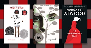 Covers of The Handmaid's Tale, Speak and The Hate You Give 