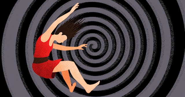An illustration of a woman in a red dress falling into a black and grey spiral