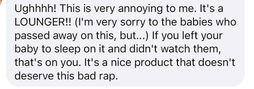 Text message of a person complaining about a baby product being pulled from the market, saying it do...