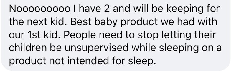 Text message of a person complaining about a controversial baby product being pulled from the market...