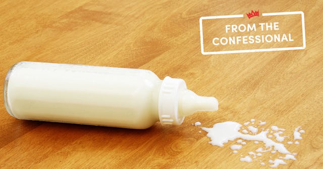 A milk bottle on a wooden floor with some of the content spilled and the 'From the confessional' log...