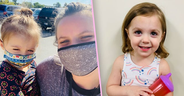 Collage photo of a mother and daughter who has autism wearing face masks, and a child standing with ...