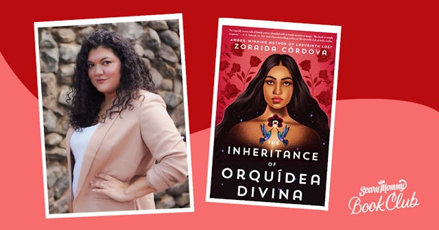 Zoraida Córdova posing on the left, her novel 'Inheritance of Orquídea Divina' on the right.