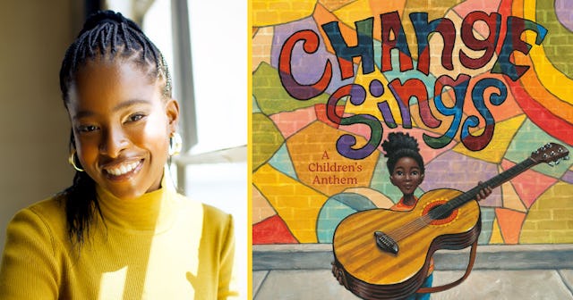 Amanda Gorman smiling in a yellow shirt and the picture of her new kid's book about activism