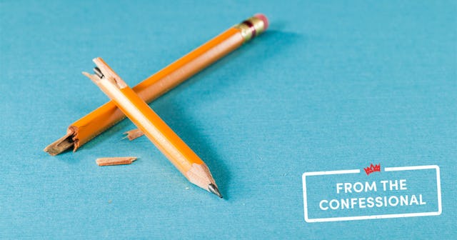 Broken yellow pencil on a blue background with the quote about Confessional