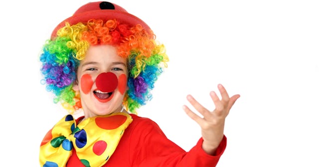 Kid in clown costume — clown jokes.