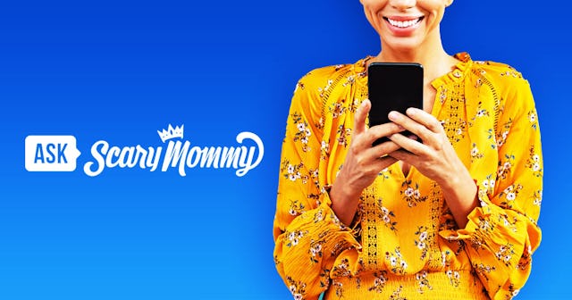 "Ask scary mommy" on the left, while a woman in a yellow shirt is on the right smiling and holding a...