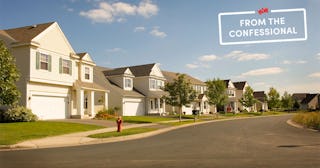 A neighborhood full of big white houses with the 'From the Confessional' logo