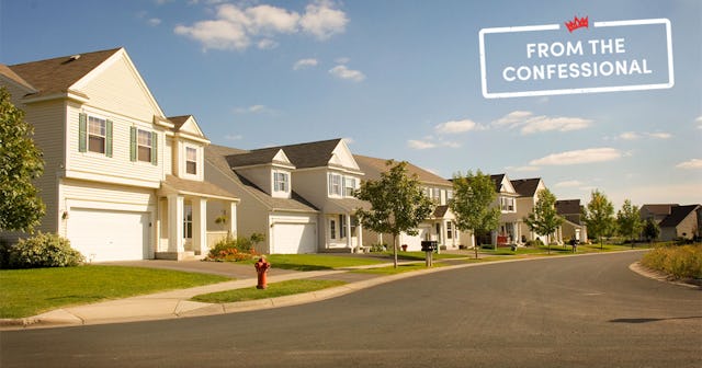 A neighborhood full of big white houses with the 'From the Confessional' logo