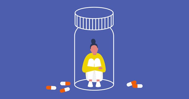 An Illustration Of A Woman Squatting In An Antidepressant Pill Bottle