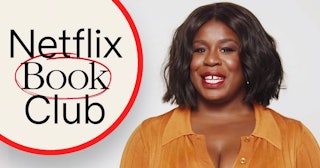 Netflix Book Club written on the left, a woman smiling on the right.