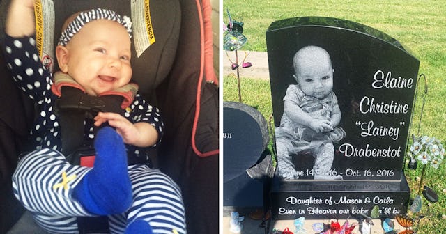 Caila Smith's late baby smiling and a picture of the baby's grave