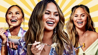 Collage of Chrissy Teigen's photos while eating with three images of her