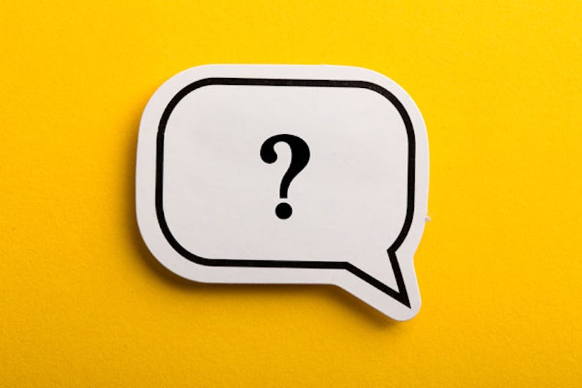 A conversation bubble with a question mark on it on a yellow background