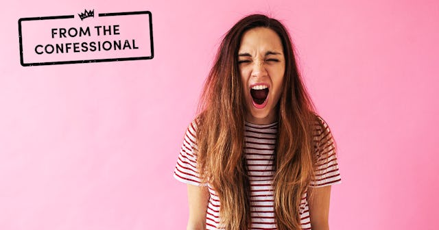 A teenage girl in a striped shirt screaming in front of a pink backdrop