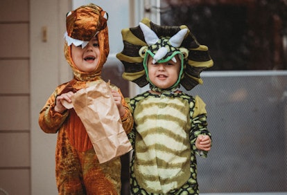 Two boys in dinosaur Halloween costumes