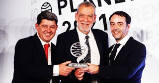 Famous writers Agustín Martínez, Jorge Díaz, and Antonio Mercero holding their reward at the 2021 Pr...