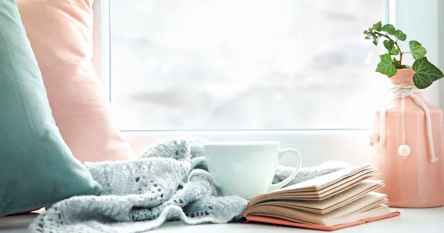 Cozy window nook — soft aesthetic words.