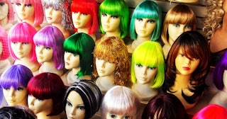 Wide choice of cheap wigs on mannequins to buy for your halloween costume