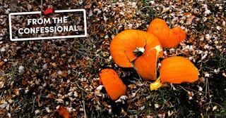 Split pumpkin bark on grass during halloween