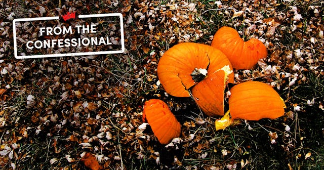 Split pumpkin bark on grass during halloween