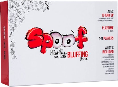 A Spoof game box which is a game where players test their bluffing skills with a white background