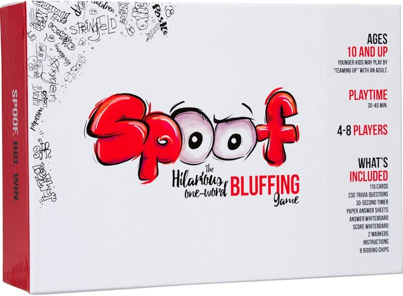 A Spoof game box which is a game where players test their bluffing skills with a white background