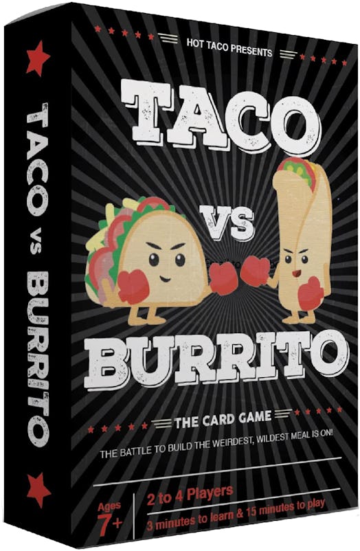 A Taco vs Burrito family-friendly strategic game box with a white background